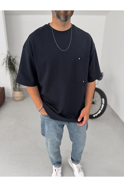BYBASICMAN Navy Blue Rivet Pocket Detailed Oversize T-Shirt Bs-004