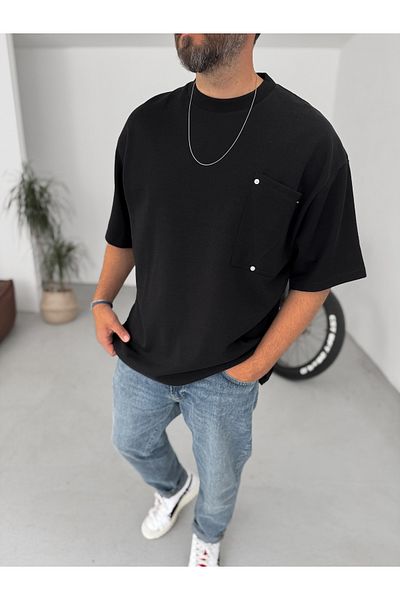 BYBASICMAN Black Rivet Pocket Detailed Oversize T-Shirt Bs-004