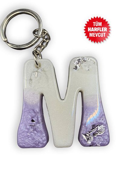 BİZİMSÜS M Letter Marble Pattern Lilac Keychain - Gift Keychain - Epoxy