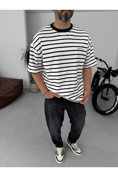 BYBASICMAN Black Forget Striped Oversize T-Shirt Pm-145