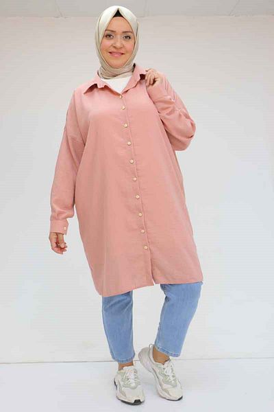 Eslina 58054 Large Size Linen Shirt with Low Sleeve Cuffs - Powder
