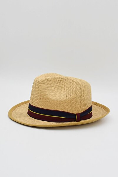 Külah Pălărie de paie Fedora pentru bărbați tricotată cu bandă grosgrain - Camel