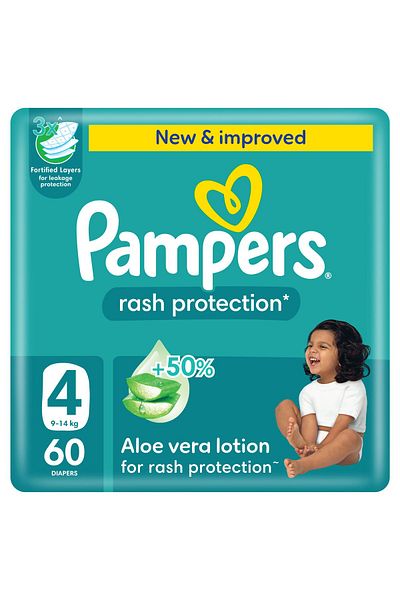 Pampers Rash Protection Taped Diapers, S 4, 9-14kg, +50% Aloe Vera Lotion, 3x Fortified Layers, 60 Count