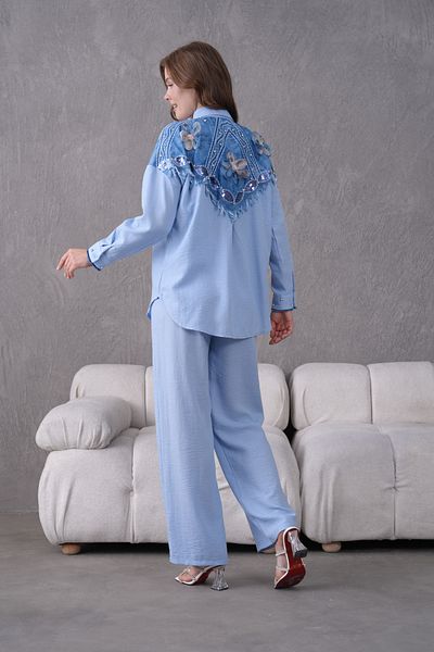 Miss Allos Women's Back Shawl Embroidery Tulle Flower and Stone Embroidered Denim Garnished Linen Shirt and Pants Bottom Top Set