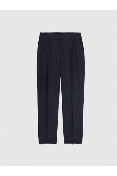 Sisley 100% Linen Elastic Sides Pleated Trousers Women's Navy Blue Trousers - 324P4Aghlf00S