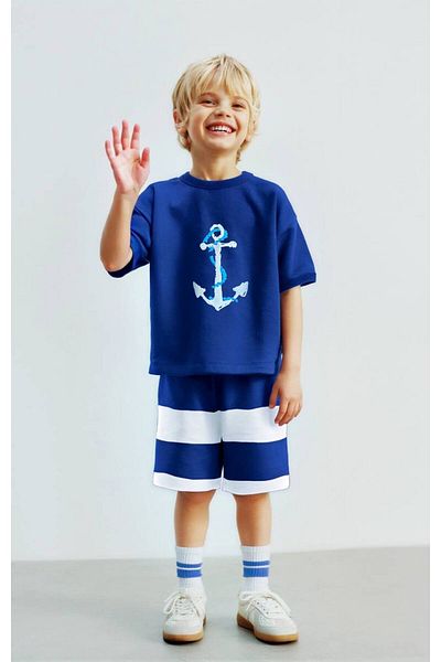 Lolliboomkids Boys Cotton Fabric Anchor Printed Cotton Tshirt and Striped Shorts Bottom Top Set