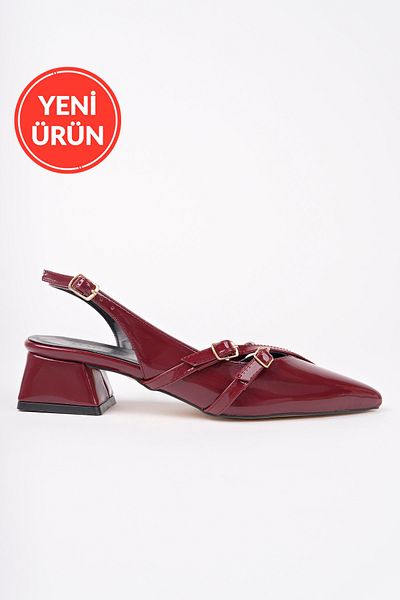 MARSHETTA Leiria Model Buckle Detailed Burgundy Patent Leather Open Back Pointed Toe Square Heeled Ballerina Women's Shoes