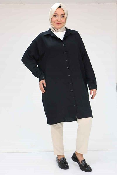 Eslina 58063 Large Size Muslin Shirt with Low Sleeve Cuffs - Black