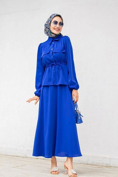 Tesettür Diyarı Women's Şule Suit with Skirt-Sax Blue