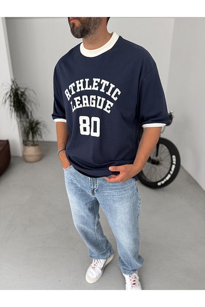 BYBASICMAN Navy Blue Athletic League Printed Oversize T-Shirt Bs-011