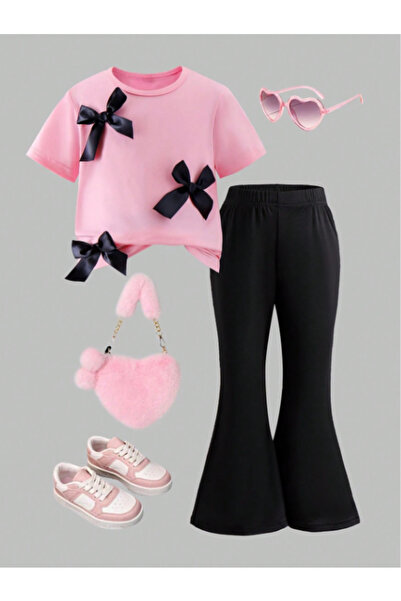 MELADYAN Kız Çocuk FİYONK Detaylı Tshirt ve İspanyol Paça Alt 2'li Takım