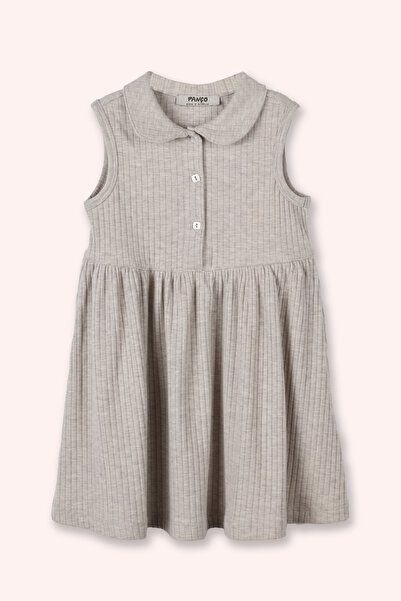 Panço Kız Bebek Bebe Yaka Fitilli Örme Bej-Melanj Elbise