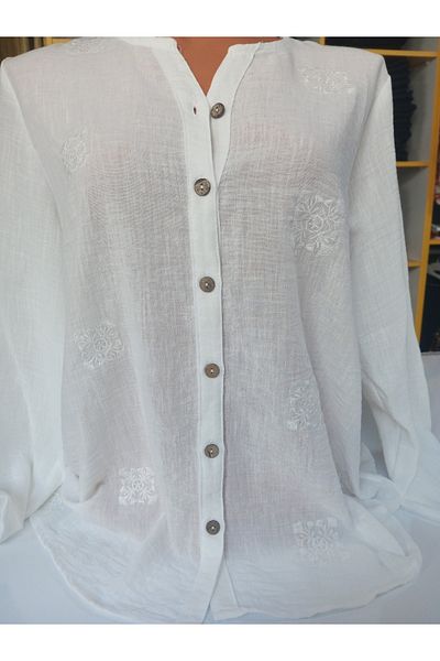 AKŞEN GİYİM Plus Size 100% Cotton Linen Embroidered Fold over Sleeve O-Neck Classic White Shirt