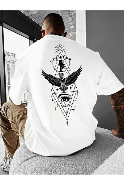 MOONBULL Tricou oversize pentru bărbați, cu imprimeu Eye-Eagle și guler tip c...