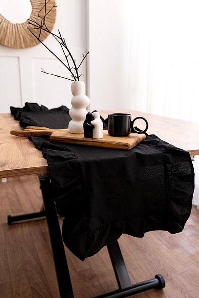 Morlay Natural Black Frilly Linen Runner - 40X110 cm