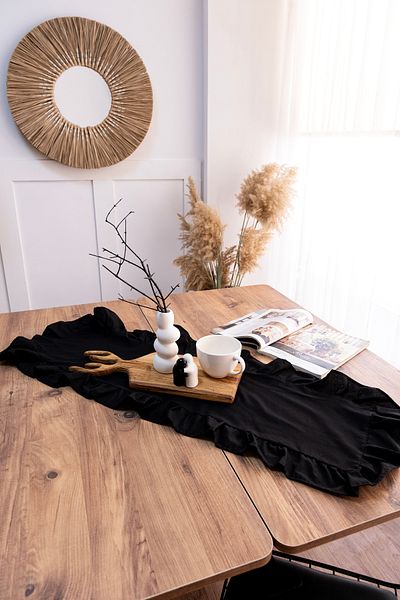 Morlay Natural Black Frilly Linen Runner - 40X110 cm