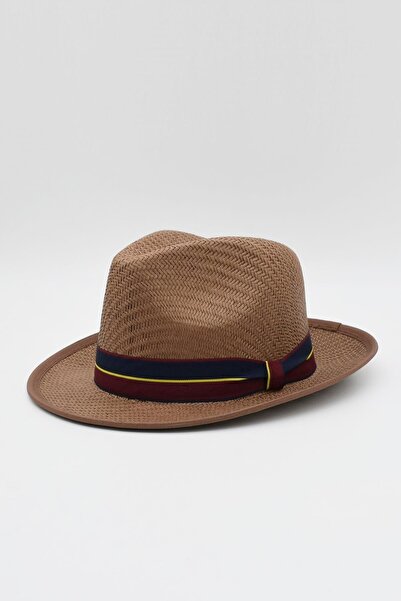 Külah Pălărie de paie Fedora pentru bărbați tricotată cu bandă grosgrain - maro