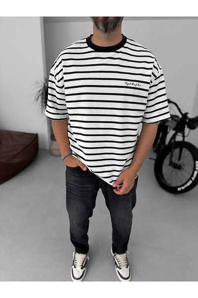 BYBASICMAN Black Forget Striped Oversize T-Shirt Pm-145