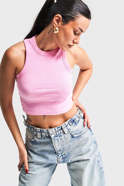 its basic Culoare roz pentru femei s5-98 Body crop top din țesătură cu decolteu cu șarmuire elastic
