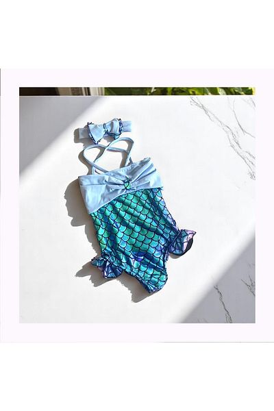MİLAYS LİFE HOME COLLECTİON Costum de baie model pește cu cataramă turcoaz pentru fetiță - cu cravată din dantelă
