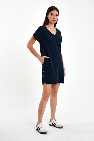 VENA Rochie de damă Helly Blue Negru cu decolteu în V cu mânecă scurtă - Tencel ™