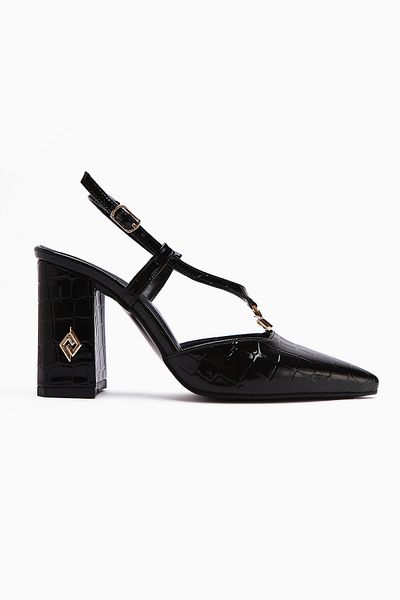 Limoya Celina Black Crocodile Patterned Pointed Toe Women's Heeled Shoes