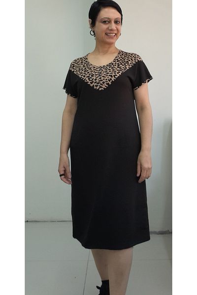 Mertcan Butik Μαύρο μπροστινό μέγεθος λεοπάρ γαρνιτούρα με μέγεθος ολόκληρο φόρεμα χαμηλού μανίκι από χτενισμένο βισκόζη