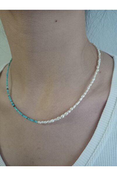 Mudita Tasarım 2 mm İran nişabur turkuaz , 1/2 mm gerçek doğal tatlı su apa inci kolye