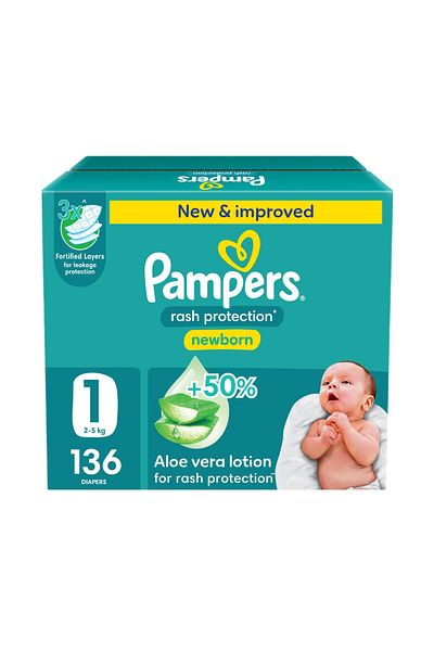 Pampers Rash Pro. Taped Diapers, S1, 2-5kg, +50% Aloe Vera Lotion 3x Fortified Layers Jumbo Box 136Ct