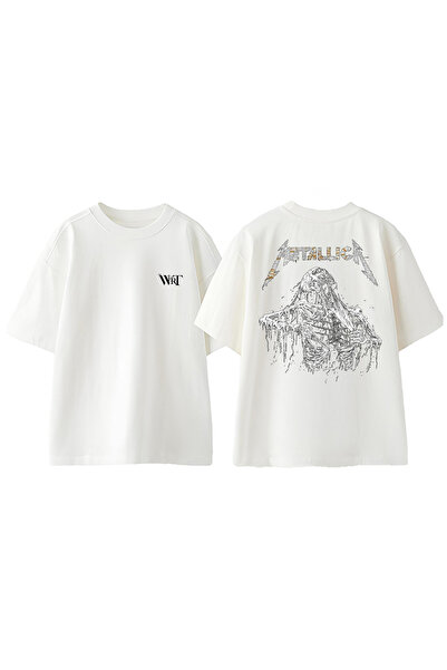 THEWERT تي شيرت ميتاليكا روك أند رول بتصميم خلفي من القطن الأبيض مقاس كبير