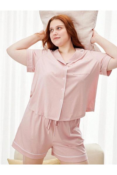 Miss Dünya Lissa Shirt Collar Front Buttoned Plus Size Shorts Knitted Fabric Pajama Set