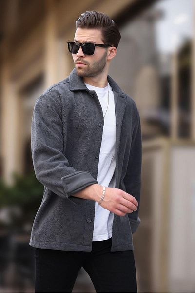 Madmext Men's Fleece Shirt 6753 - Smoked, Buttoned