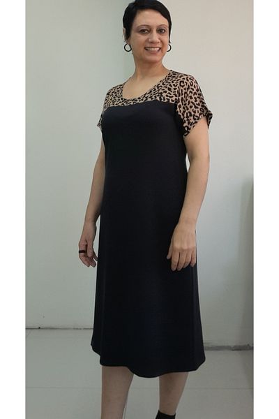 Mertcan Butik Μαύρο μπροστινό μπουφάν ώμου μαύρο λεοπάρ μοτίβο χαμηλού μανίκι χτενισμένο βισκόζη φόρεμα