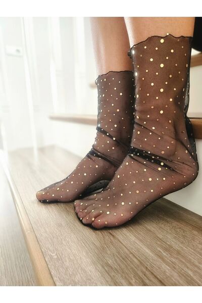 DİLARRA Boutique Gold Pullu Siyah Tül Çorap