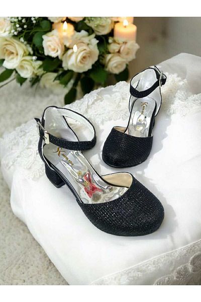 pediashoes ROCHIE DE SĂRĂTĂ PENTRU FETE NEGRE CU TACURI PĂTRATE ARGINTII