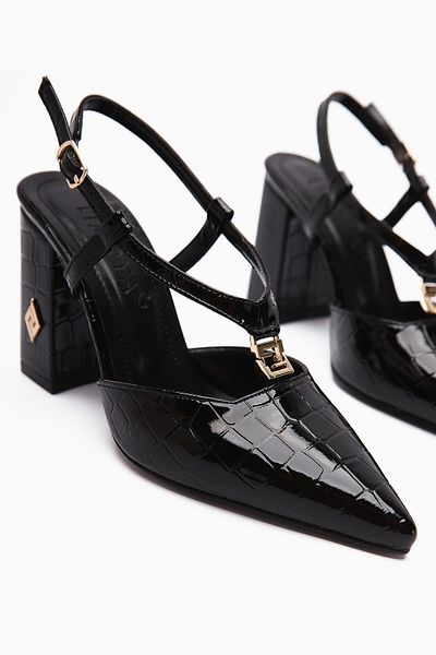 Limoya Celina Black Crocodile Patterned Pointed Toe Women's Heeled Shoes
