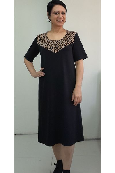 Mertcan Butik Μαύρο μπροστινό μαύρο λεοπάρ κοντομάνικο φόρεμα βισκόζης από χτενισμένο βαμβάκι
