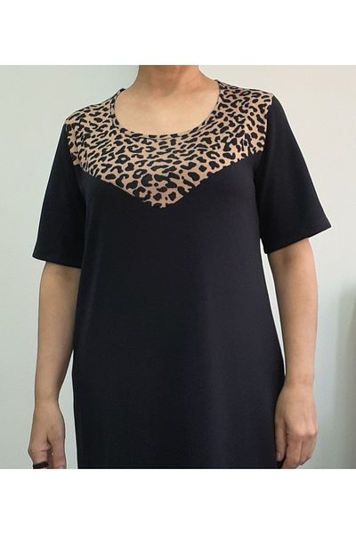 Mertcan Butik Μαύρο μπροστινό μαύρο λεοπάρ κοντομάνικο φόρεμα βισκόζης από χτενισμένο βαμβάκι