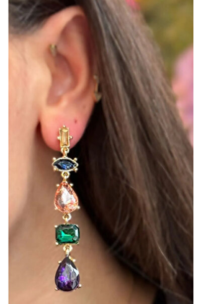 Ervalina Sallantılı Renkli Taşlı Y Küpe Altın Rengi