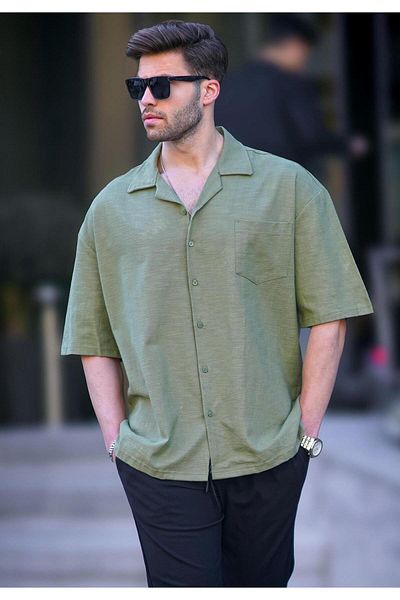 Madmext Khaki Kurzarm Übergröße Herrenhemd 6737