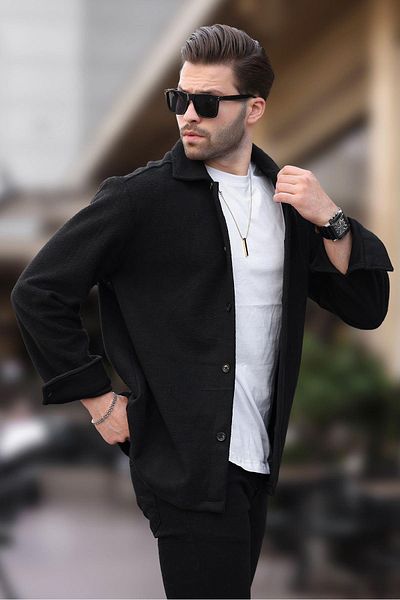 Madmext Men's Fleece Shirt 6753 - Black Buttoned