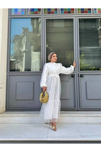 comstar Rochie albă cu guler cămașă cu mânecă lungă cu model guipură pentru femei