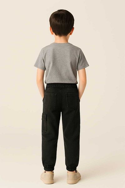 gigigiyim Plain Black Boy's Jeans with Cargo Pockets and Elastic Legs