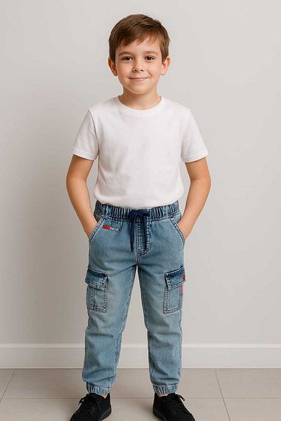 gigigiyim Elastic Waist Cargo Pocket Boy Jean Blue