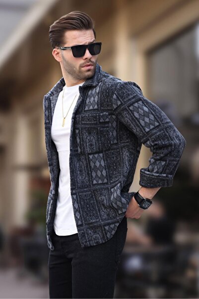 Madmext Ανδρικό πουκάμισο Fleece 6751 - Μαύρο σχέδιο και μονή τσέπη