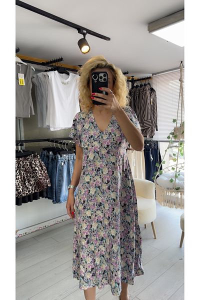 CemBebe Rochie midi de vară cu decolteu în V cu flori liliac