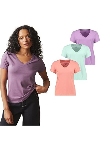 GIORGINA FERRI صندوق مكون من 3 تي شيرت نسائي مميز برقبة على شكل حرف V روزي