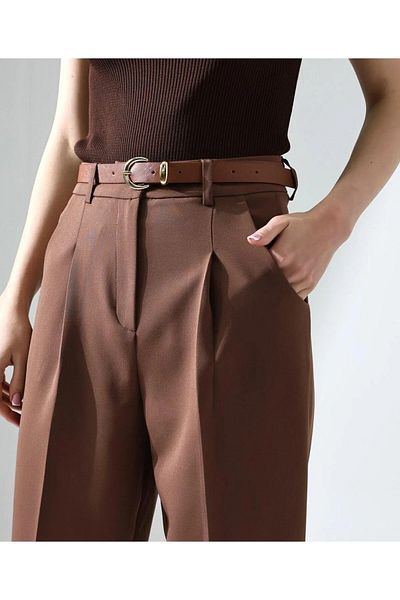 MetuCA Women's High Waist Straight Carrot Cut Pleated Fabric Pants with Belt, New Name of Elegance
