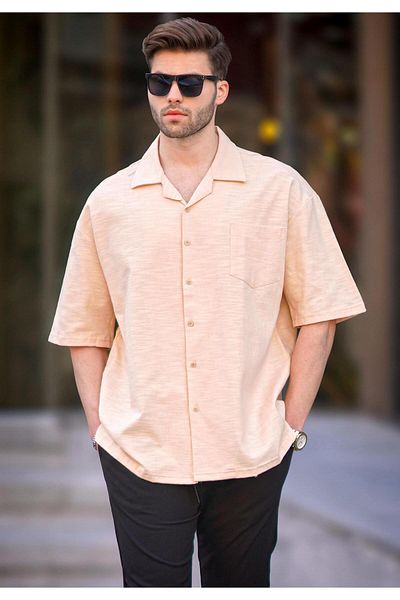 Madmext Μπεζ κοντομάνικο oversize ανδρικό πουκάμισο 6737