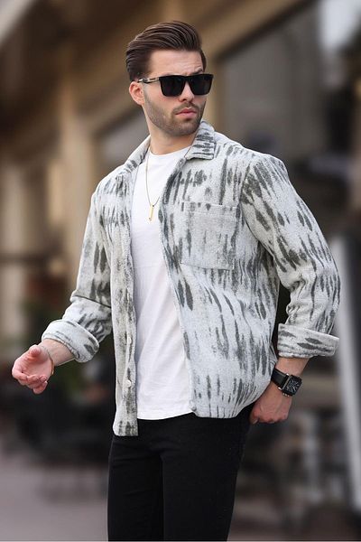 Madmext Ανδρικό πουκάμισο Fleece 6750 - Γκρι στάμπα και μονή τσέπη